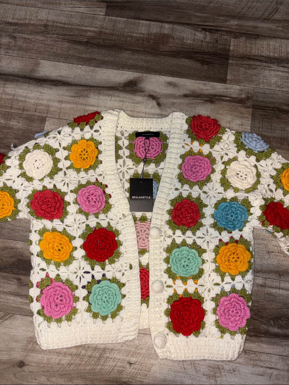 BeulahStyle Women's Cream Crochet Flower Cardigan Sweater - Multicolor Floral